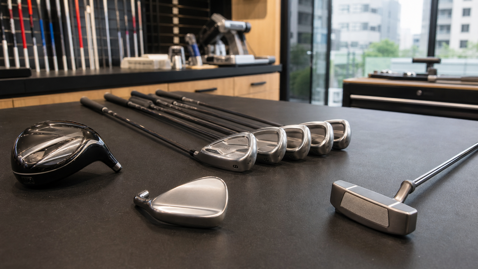 Used golf clubs arranged on a golf shop fitting counter